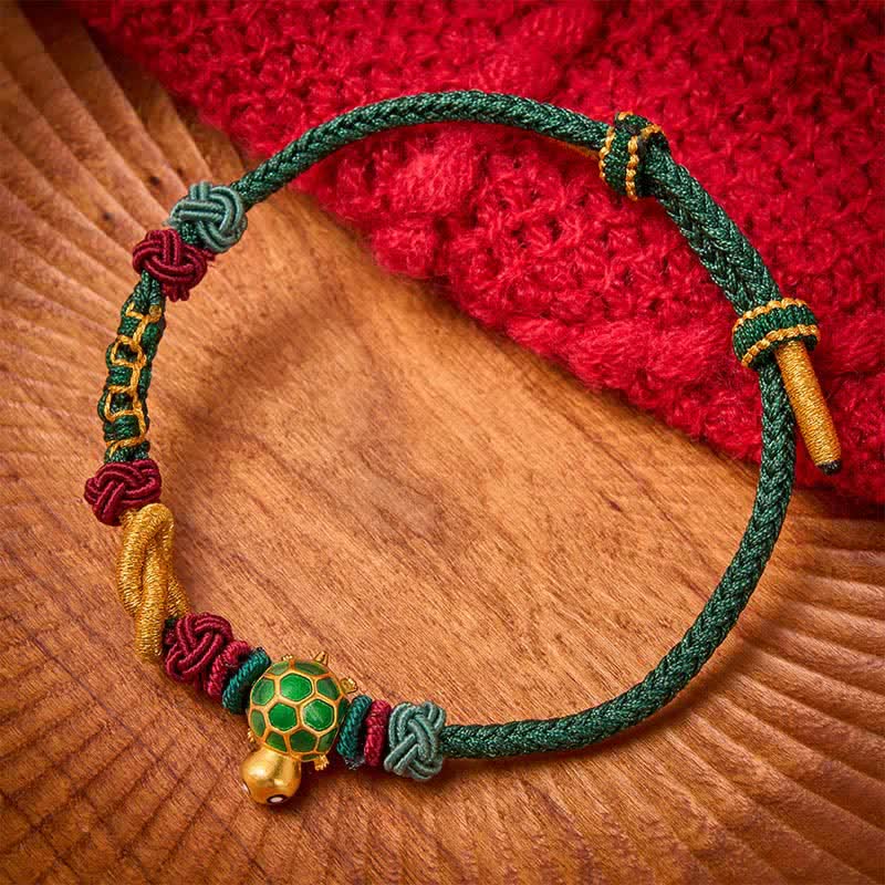 Buddha Stones Pulsera protectora de hilo rojo con diseño de tortuga de cobre tejida a mano - Cuerda verde - image 9