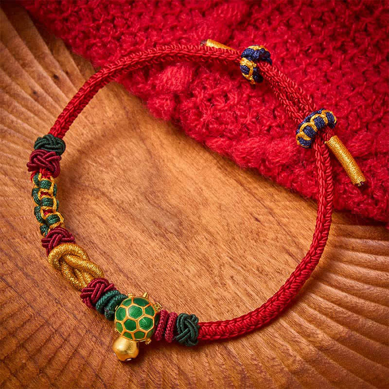 Buddha Stones Pulsera protectora de hilo rojo con diseño de tortuga de cobre tejida a mano - Cuerda roja - image 0