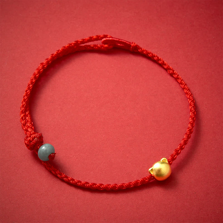 Buddha Stones Pulsera de conexión de hilo rojo de jade con cabeza de gato de cobre - Hilo rojo (Protección ♥ Suerte) - image 0