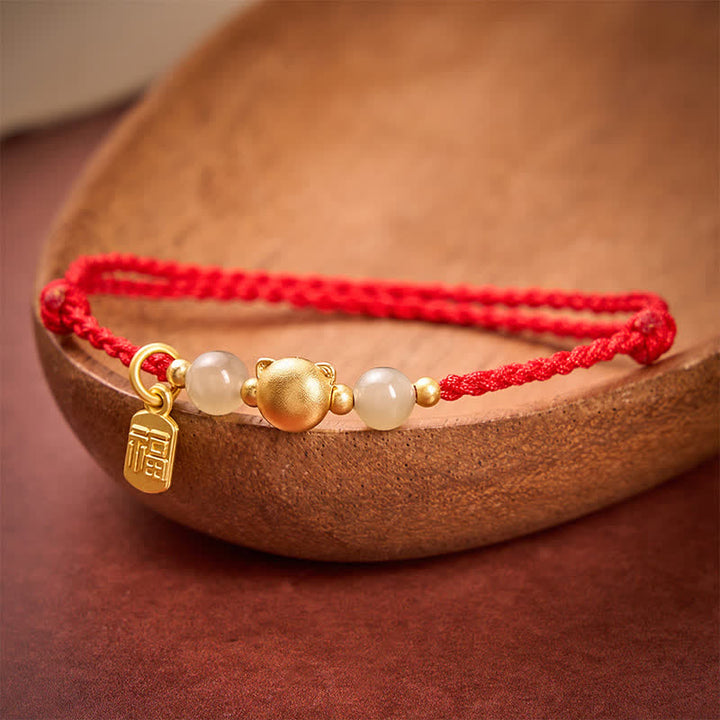 Buddha Stones Pulsera de hilo rojo con personaje de gato de cobre de jade Hetian Fu - image 2