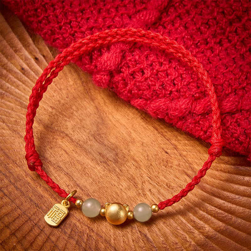 Buddha Stones Pulsera de hilo rojo con personaje de gato de cobre de jade Hetian Fu - Hilo rojo (Protección ♥ Suerte) - image 0