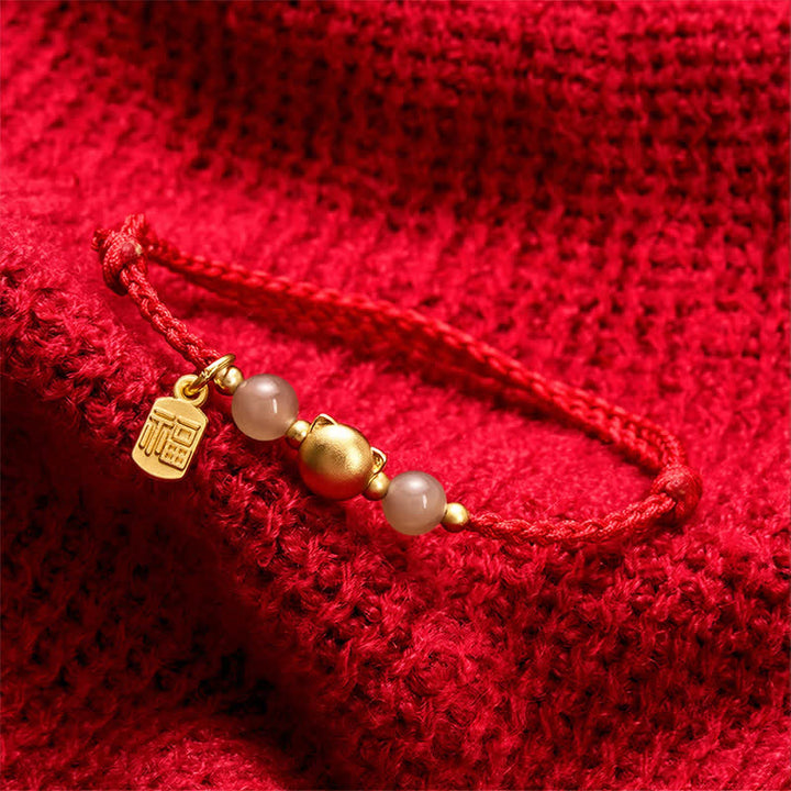 Buddha Stones Pulsera de hilo rojo con personaje de gato de cobre de jade Hetian Fu - image 3