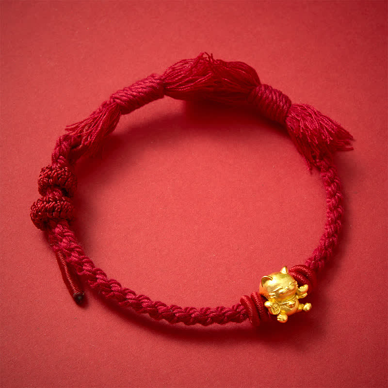Buddha Stones Pulsera de la riqueza con amuleto de gato de la suerte de cobre y cordón rojo - image 1