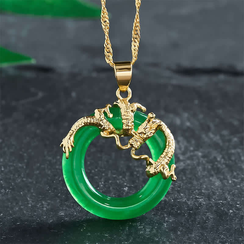 Buddha Stones Collar con colgante redondo de dragón de jade para protección - Dorado - image 0