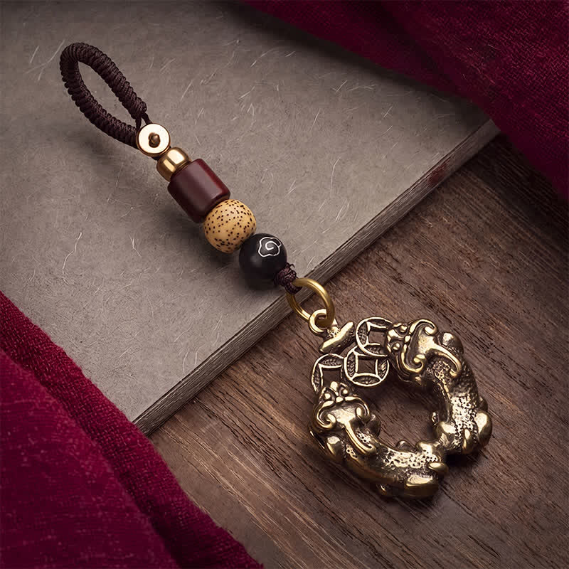 Buddha Stones Llaveros de latón antiguos con la moneda china Double Pi Xiu, símbolo de riqueza. - image 1