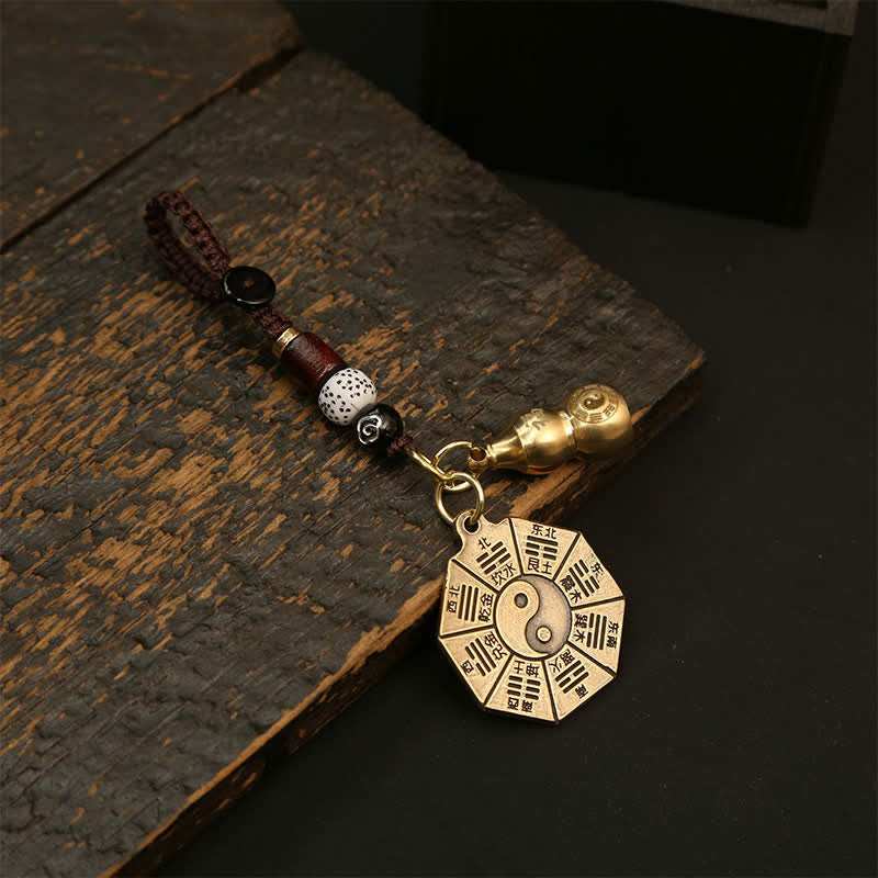 Buddha Stones Llaveros de protección Yin Yang con colgante de latón antiguo Bagua Pi Xiu de cinco monedas de emperador - Placa y calabaza Bagua - image 2