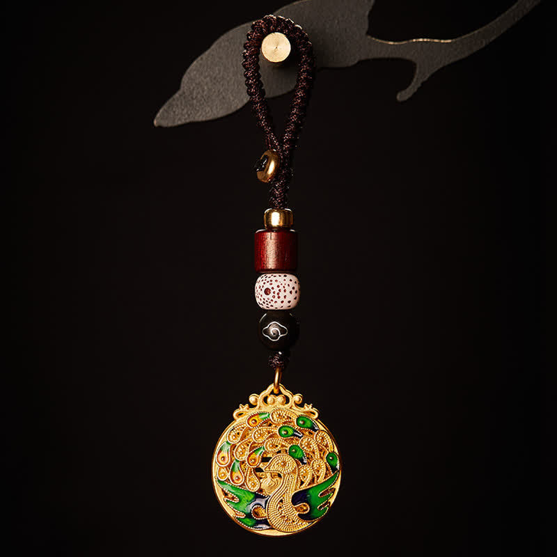 Buddha Stones Llaveros vintage con dije de cobre del personaje Peacock Fu - Llaveros con colgante de pavo real - image 1