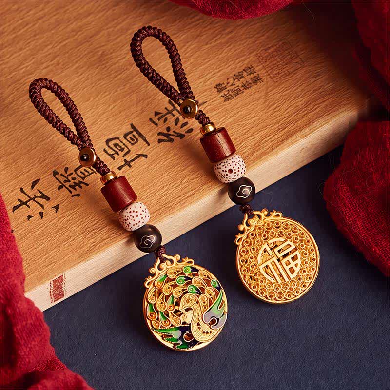Buddha Stones Llaveros vintage con dije de cobre del personaje Peacock Fu - image 0