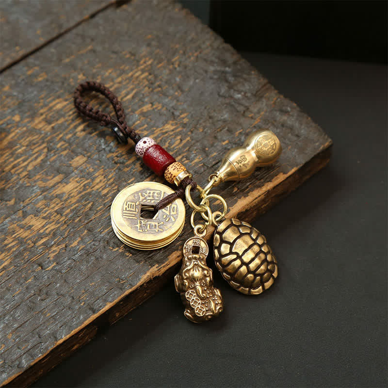 Buddha Stones Llaveros de protección con forma de tortuga de latón, Pi Xiu y monedas de los cinco emperadores. - Calabaza tortuga Pi Xiu Monedas de cinco emperadores - image 18