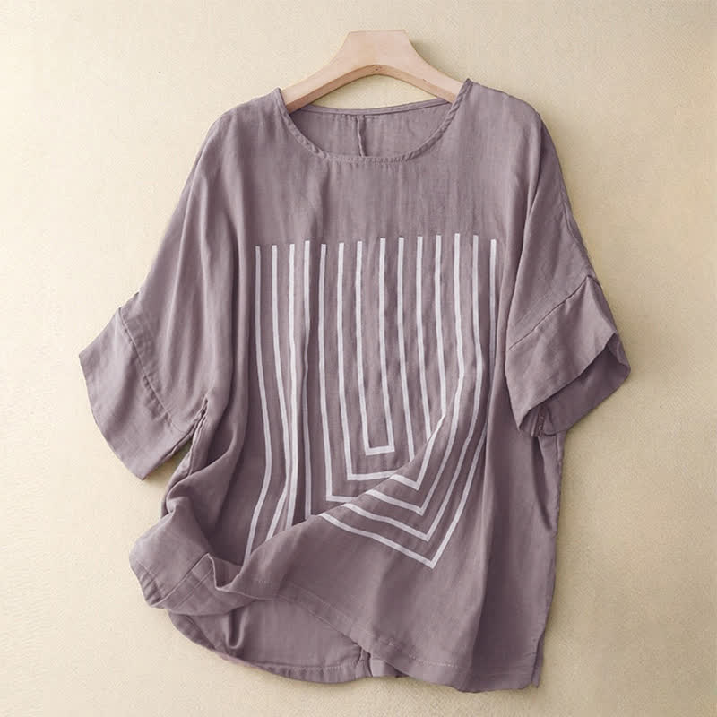 Buddha Stones Camiseta de lino y algodón de manga corta con estampado de líneas informales para mujer - Cardo - US12, UK/AU16, EU44 (2XL) - image 17