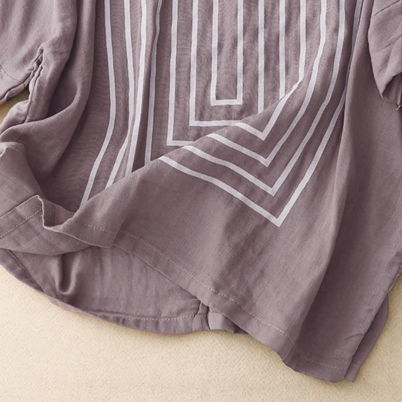 Buddha Stones Camiseta de lino y algodón de manga corta con estampado de líneas informales para mujer - image 20
