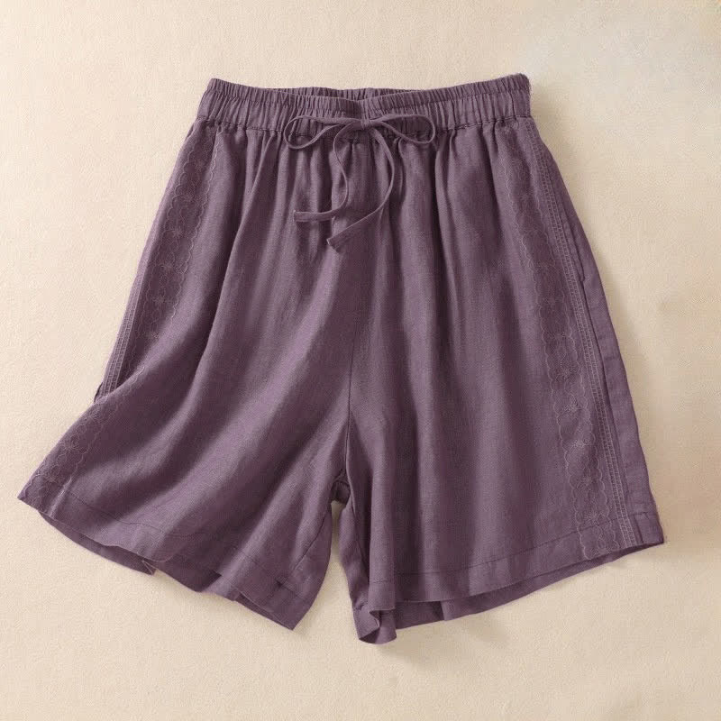 Pantalones cortos de mujer con cordón ajustable, estampado floral y bordado de Buddha Stones, con bolsillos. - Magenta oscuro - US8-10，UK/AU12-14，EU40-42 (2XL) - image 0