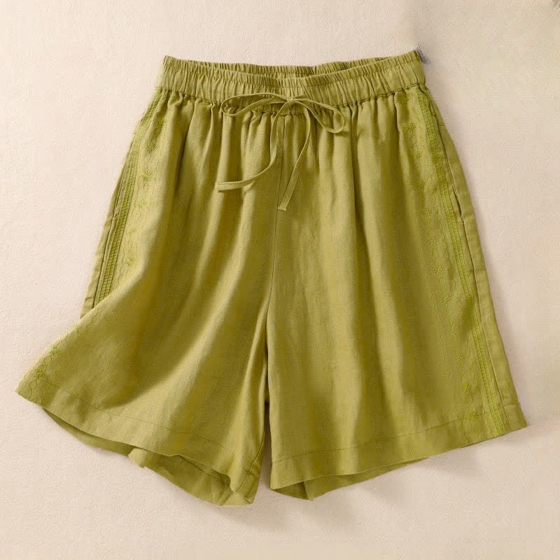 Pantalones cortos de mujer con cordón ajustable, estampado floral y bordado de Buddha Stones, con bolsillos. - Verde amarillento - US8-10，UK/AU12-14，EU40-42 (2XL) - image 15