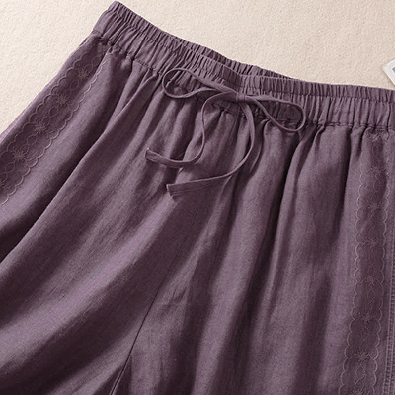 Pantalones cortos de mujer con cordón ajustable, estampado floral y bordado de Buddha Stones, con bolsillos. - image 2
