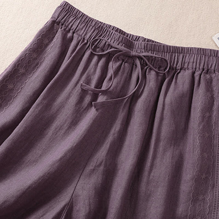Pantalones cortos de mujer con cordón ajustable, estampado floral y bordado de Buddha Stones, con bolsillos. - image 2