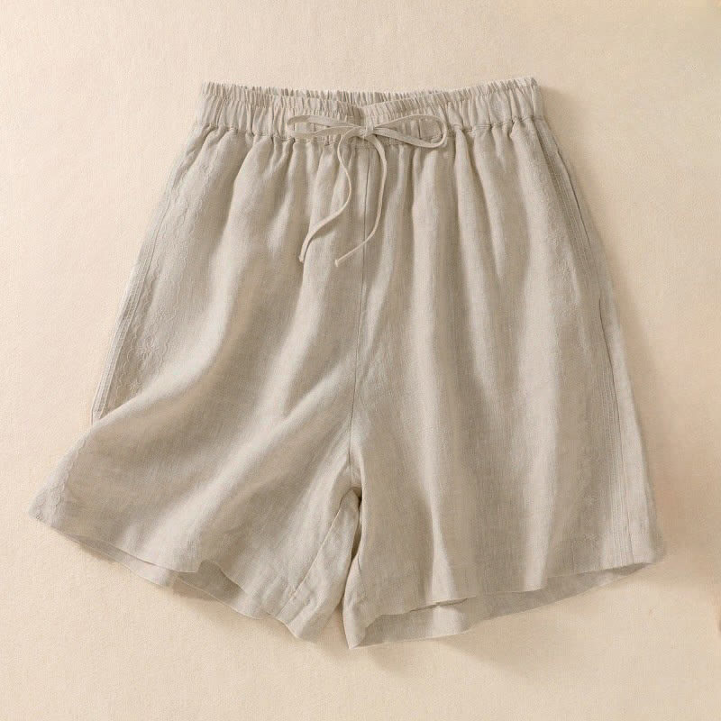 Pantalones cortos de mujer con cordón ajustable, estampado floral y bordado de Buddha Stones, con bolsillos. - Beige - US8-10，UK/AU12-14，EU40-42 (2XL) - image 9