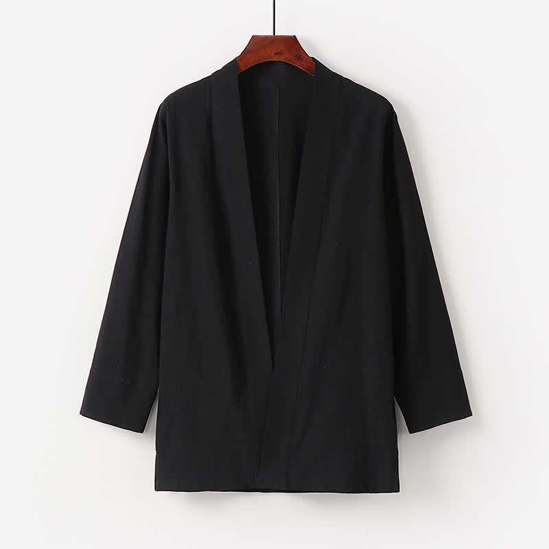 Buddha Stones Kimono de verano minimalista de algodón y lino liso para hombre con bolsillo. - Negro - US/UK/AU50, EU60 (7XL) - image 2