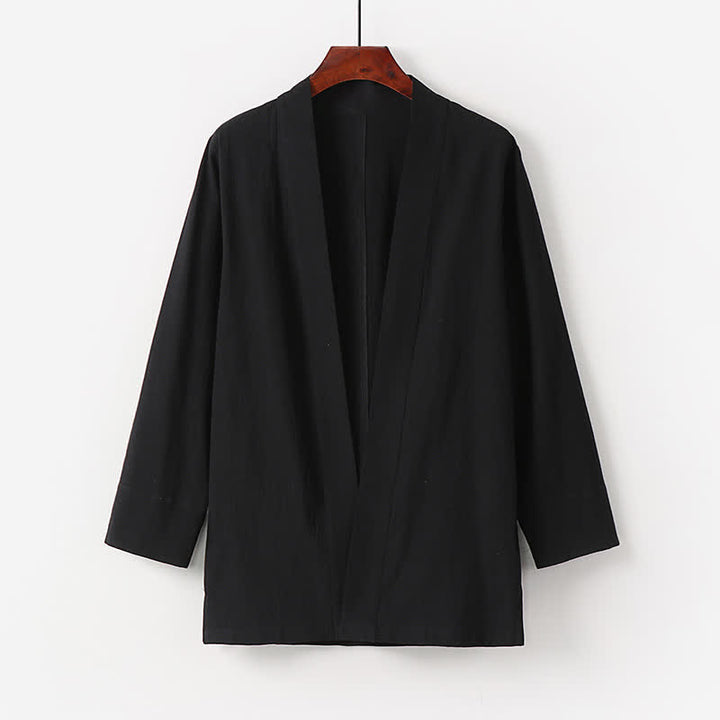 Buddha Stones Kimono de verano minimalista de algodón y lino liso para hombre con bolsillo. - Negro - US/UK/AU50, EU60 (7XL) - image 2