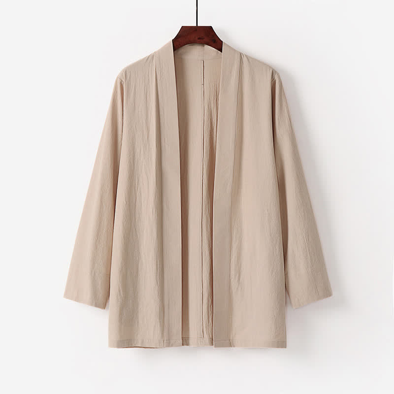 Buddha Stones Kimono de verano minimalista de algodón y lino liso para hombre con bolsillo. - Beige - US/UK/AU50, EU60 (7XL) - image 3