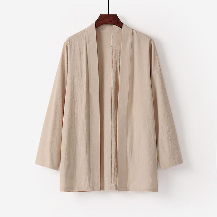 Buddha Stones Kimono de verano minimalista de algodón y lino liso para hombre con bolsillo. - Beige - US/UK/AU50, EU60 (7XL) - image 3
