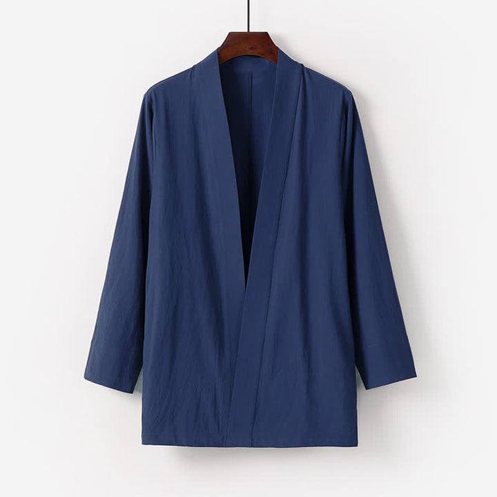 Buddha Stones Kimono de verano minimalista de algodón y lino liso para hombre con bolsillo. - Azul medianoche - US/UK/AU50, EU60 (7XL) - image 0