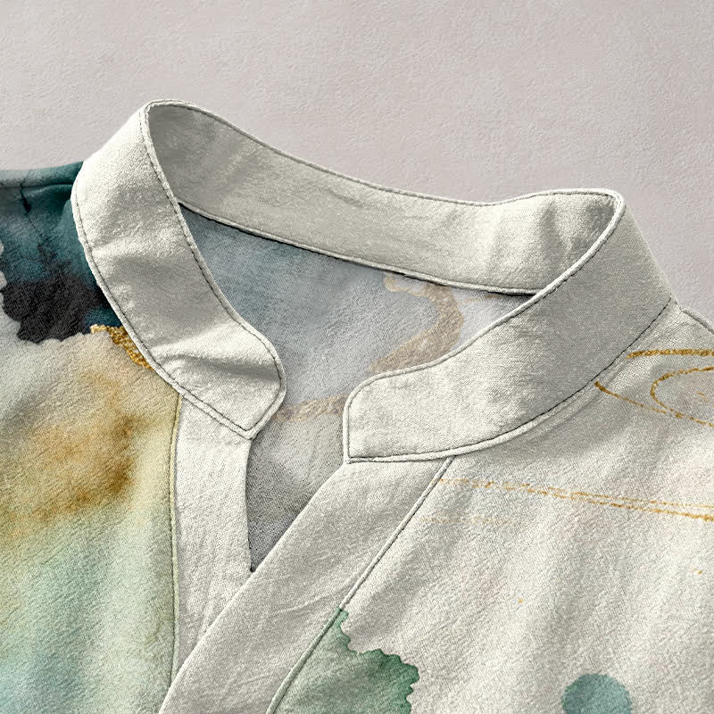 Buddha Stones Camisa de manga corta con medio botón para hombre, de algodón, con estampado de peces koi y loto. - image 2