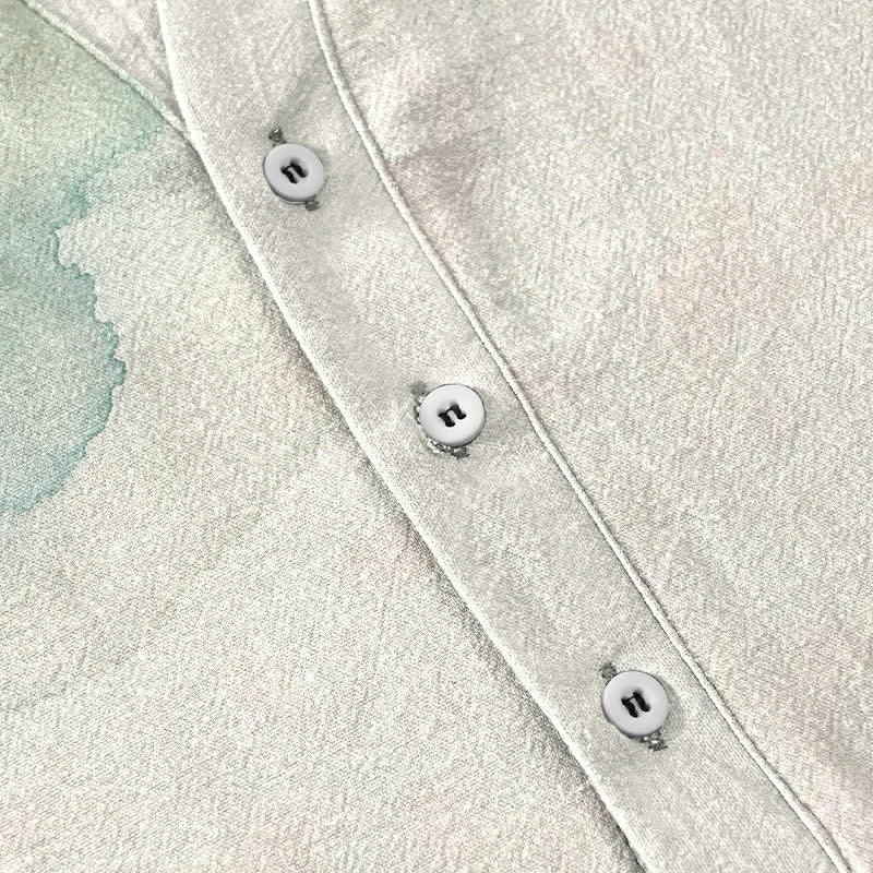 Buddha Stones Camisa de manga corta con medio botón para hombre, de algodón, con estampado de peces koi y loto. - image 3