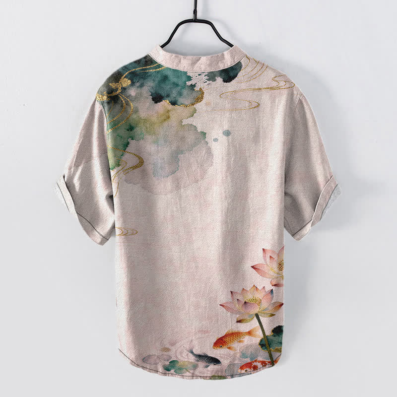 Buddha Stones Camisa de manga corta con medio botón para hombre, de algodón, con estampado de peces koi y loto. - image 6
