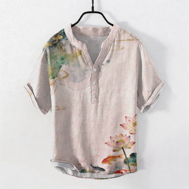 Buddha Stones Camisa de manga corta con medio botón para hombre, de algodón, con estampado de peces koi y loto. - Rubor lavanda - US/UK/AU50, EU60 (5XL) - image 5