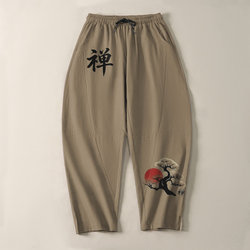 Buddha Stones Pantalones de hombre de algodón puro con estampado Zen Bonsai Sunset, cordón ajustable y corte cónico, con bolsillos. - image 13