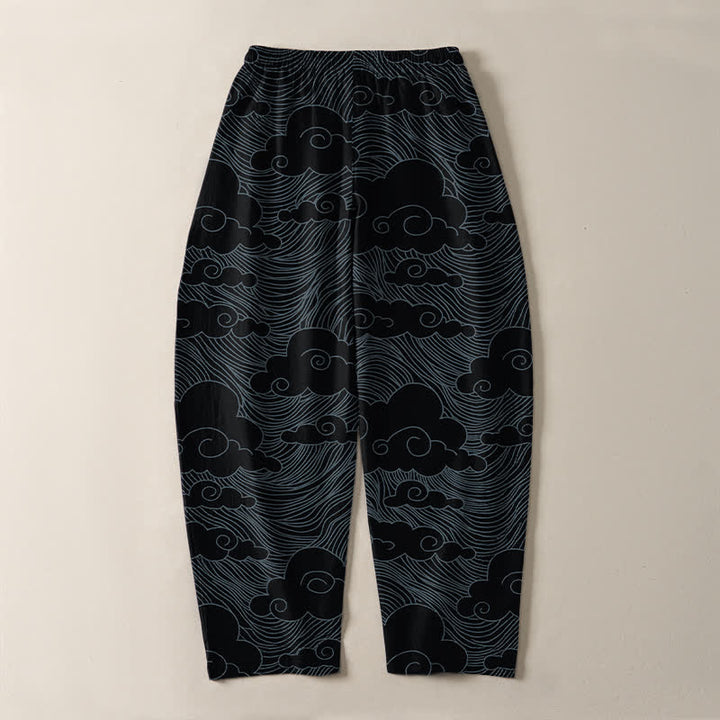 Buddha Stones Pantalones de hombre de algodón puro con estampado de nubes y olas japonesas, cordón ajustable y corte cónico, con bolsillos. - image 3