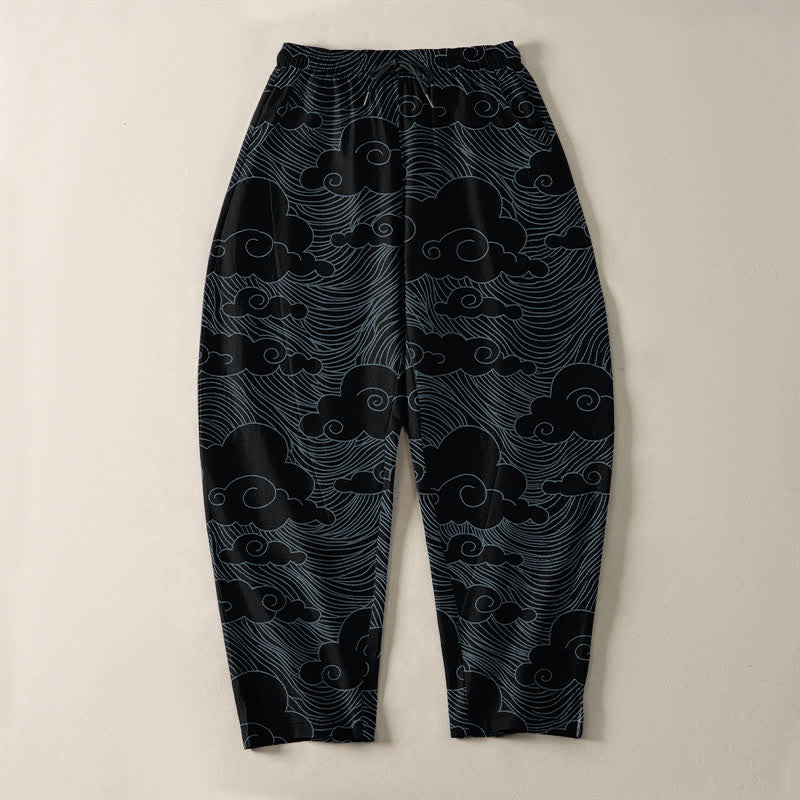 Buddha Stones Pantalones de hombre de algodón puro con estampado de nubes y olas japonesas, cordón ajustable y corte cónico, con bolsillos. - image 2