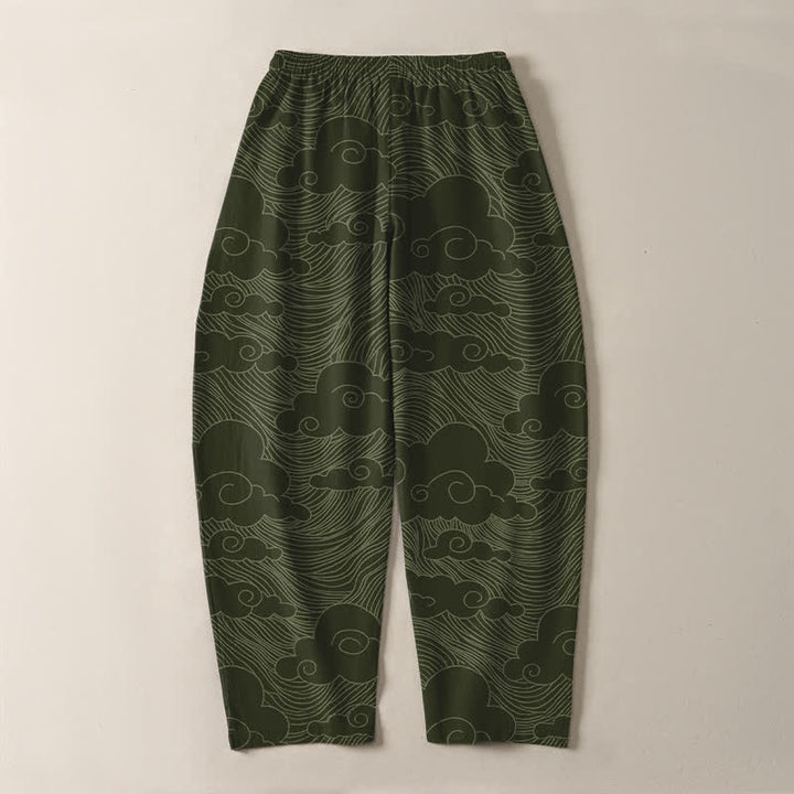 Buddha Stones Pantalones de hombre de algodón puro con estampado de nubes y olas japonesas, cordón ajustable y corte cónico, con bolsillos. - image 10