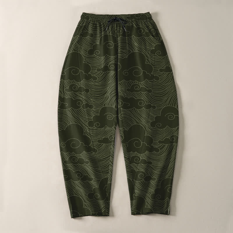 Buddha Stones Pantalones de hombre de algodón puro con estampado de nubes y olas japonesas, cordón ajustable y corte cónico, con bolsillos. - image 9