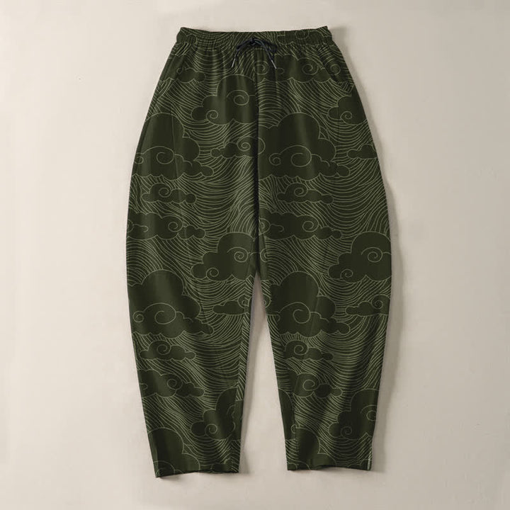 Buddha Stones Pantalones de hombre de algodón puro con estampado de nubes y olas japonesas, cordón ajustable y corte cónico, con bolsillos. - image 9