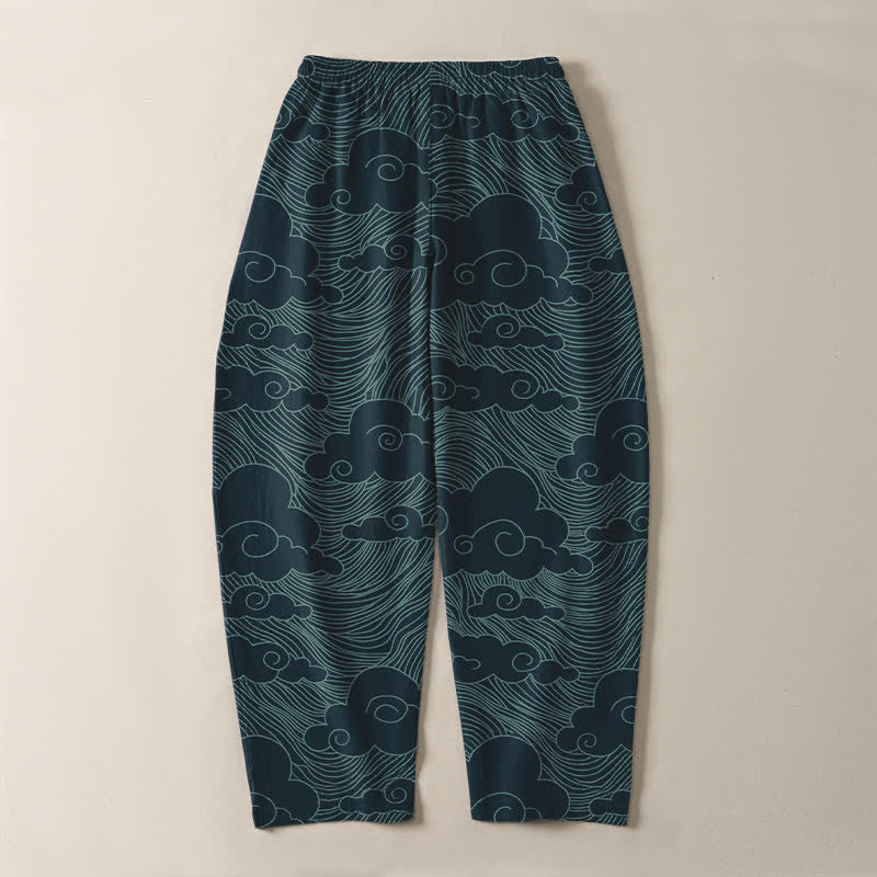 Buddha Stones Pantalones de hombre de algodón puro con estampado de nubes y olas japonesas, cordón ajustable y corte cónico, con bolsillos. - image 14