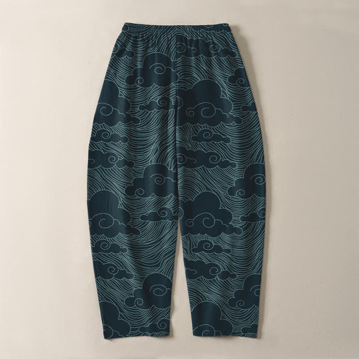 Buddha Stones Pantalones de hombre de algodón puro con estampado de nubes y olas japonesas, cordón ajustable y corte cónico, con bolsillos. - image 14