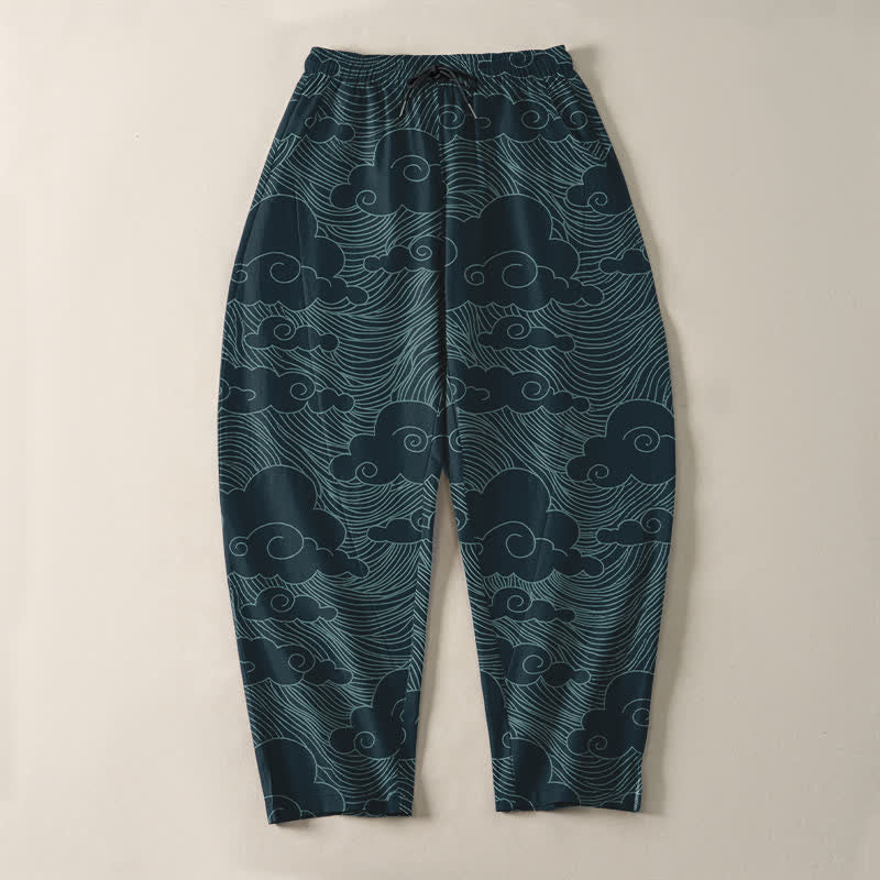 Buddha Stones Pantalones de hombre de algodón puro con estampado de nubes y olas japonesas, cordón ajustable y corte cónico, con bolsillos. - image 13