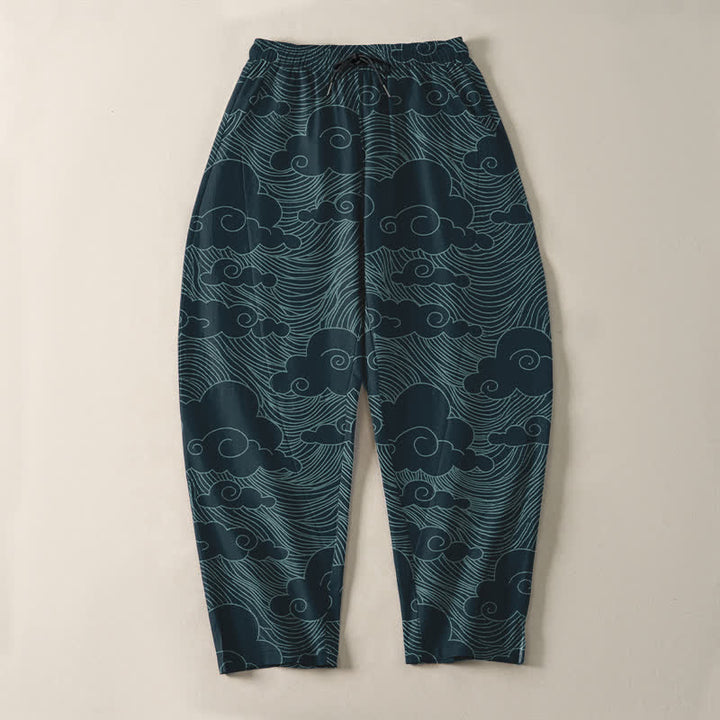 Buddha Stones Pantalones de hombre de algodón puro con estampado de nubes y olas japonesas, cordón ajustable y corte cónico, con bolsillos. - image 13