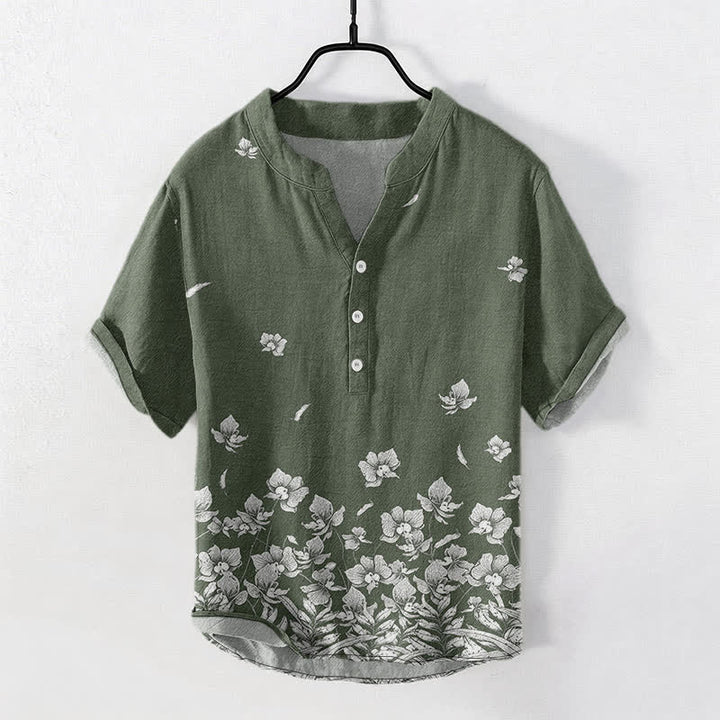 Buddha Stones Camisa de manga corta para hombre con estampado floral blanco en el bajo y medio botón. - Verde oliva oscuro - US/UK/AU50, EU60 (5XL) - image 7