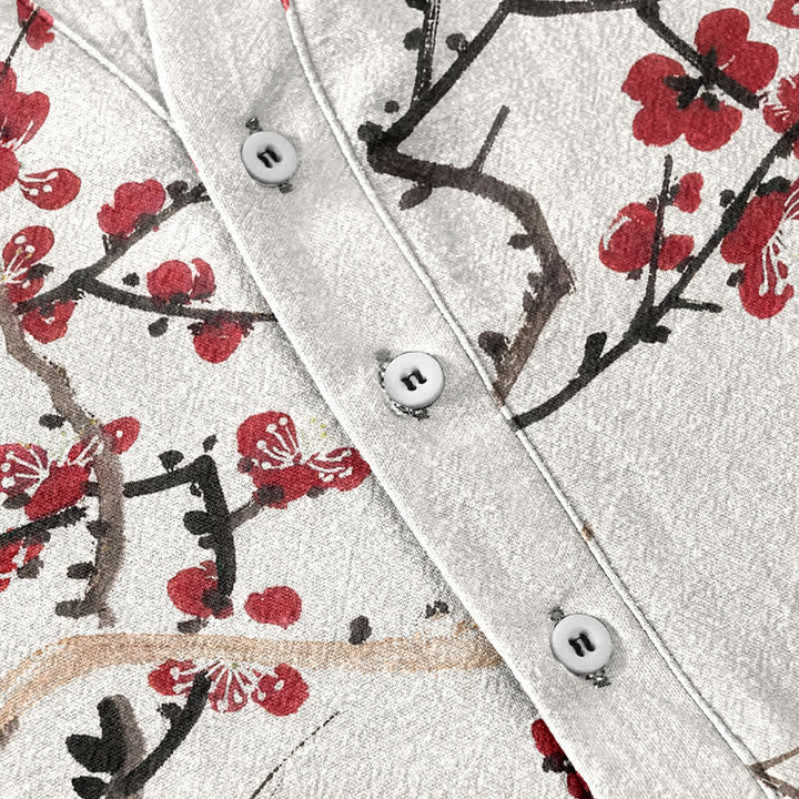 Buddha Stones Camisa de manga corta con medio botón para hombre, de algodón, con estampado de bambú y flores de ciruelo. - image 3
