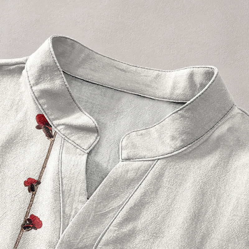 Buddha Stones Camisa de manga corta con medio botón para hombre, de algodón, con estampado de bambú y flores de ciruelo. - image 2