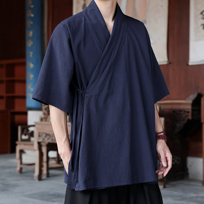 Buddha Stones Camisa de manga corta para hombre estilo Summer Tang minimalista con abertura lateral y cuello en V, color liso, con bolsillo. - image 1