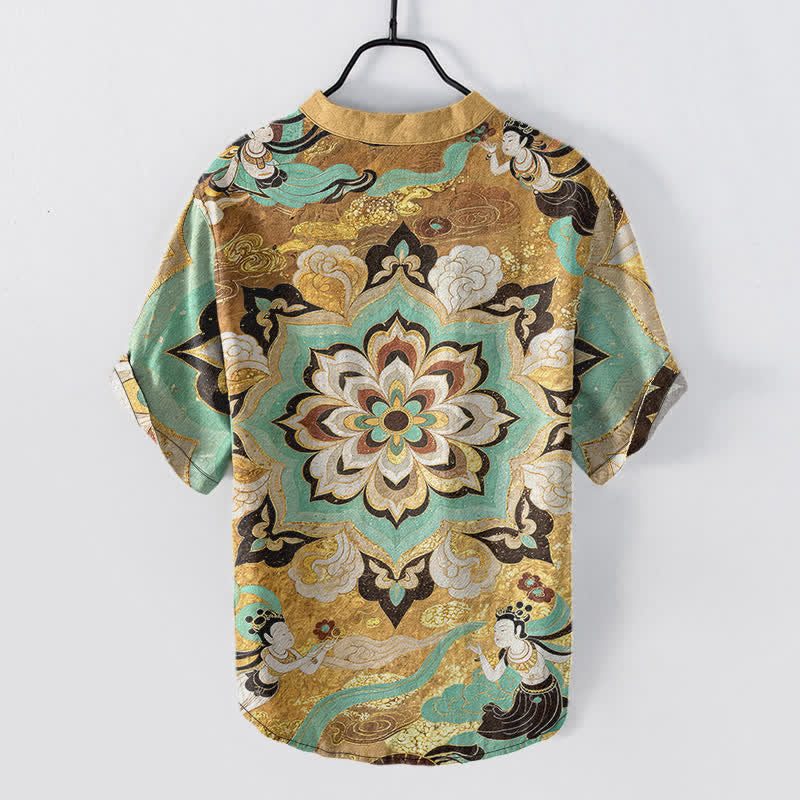 Buddha Stones Camisa de manga corta con medio botón y estampado de mandala de algodón para hombre - image 1