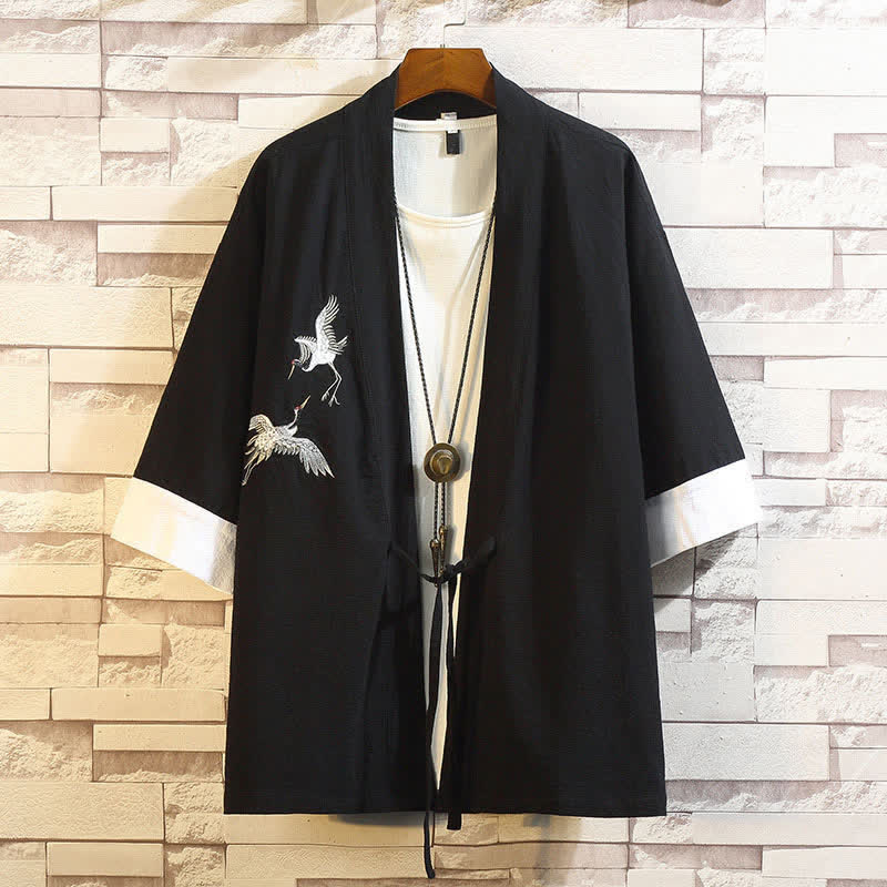 Buddha Stones Kimono de manga hasta el codo para hombre, estilo casual vintage, con bordado de grulla, ideal para primavera y verano. - Grúa blanca y negra - US/UK/AU46, EU56 (5XL) - image 17