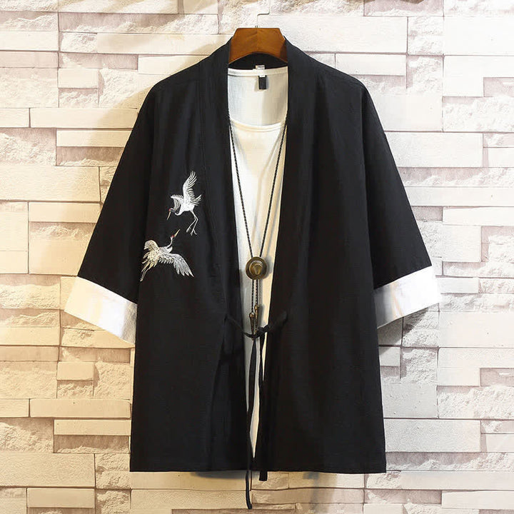 Buddha Stones Kimono de manga hasta el codo para hombre, estilo casual vintage, con bordado de grulla, ideal para primavera y verano. - Grúa blanca y negra - US/UK/AU46, EU56 (5XL) - image 17