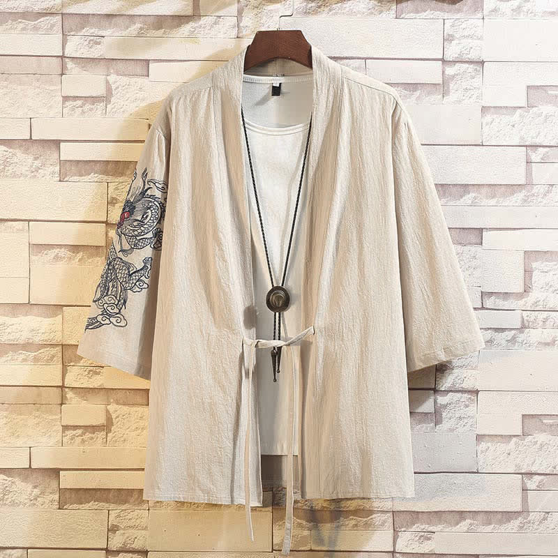 Buddha Stones Kimono de manga hasta el codo para hombre, estilo casual vintage, con bordado de grulla, ideal para primavera y verano. - Dragón Beige - US/UK/AU46, EU56 (5XL) - image 19