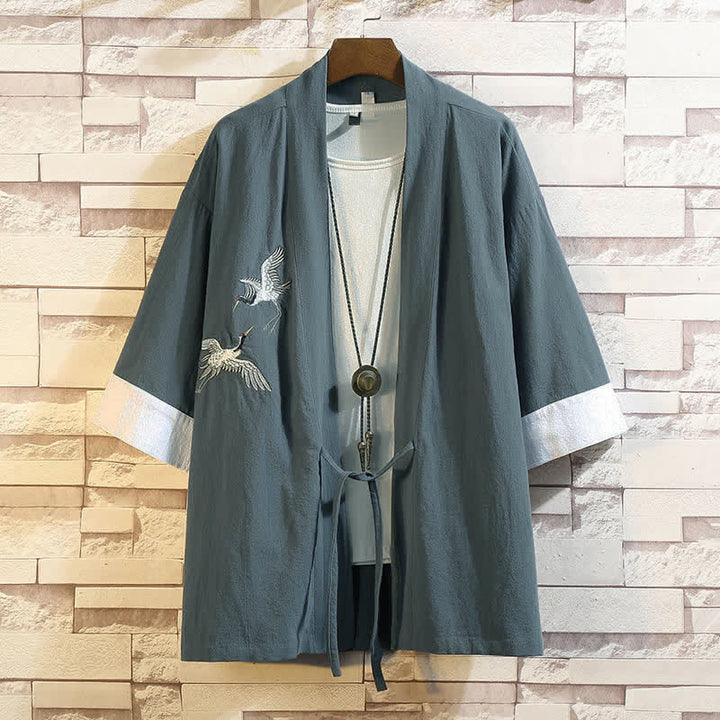 Buddha Stones Kimono de manga hasta el codo para hombre, estilo casual vintage, con bordado de grulla, ideal para primavera y verano. - Grúa azul cadete blanca - US/UK/AU46, EU56 (5XL) - image 0
