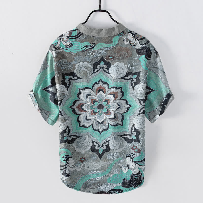 Buddha Stones Camisa de manga corta con medio botón y estampado de mandala de algodón para hombre - image 6