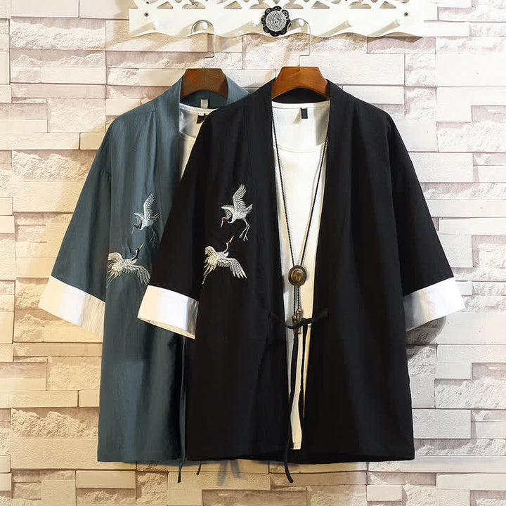 Buddha Stones Kimono de manga hasta el codo para hombre, estilo casual vintage, con bordado de grulla, ideal para primavera y verano. - image 35
